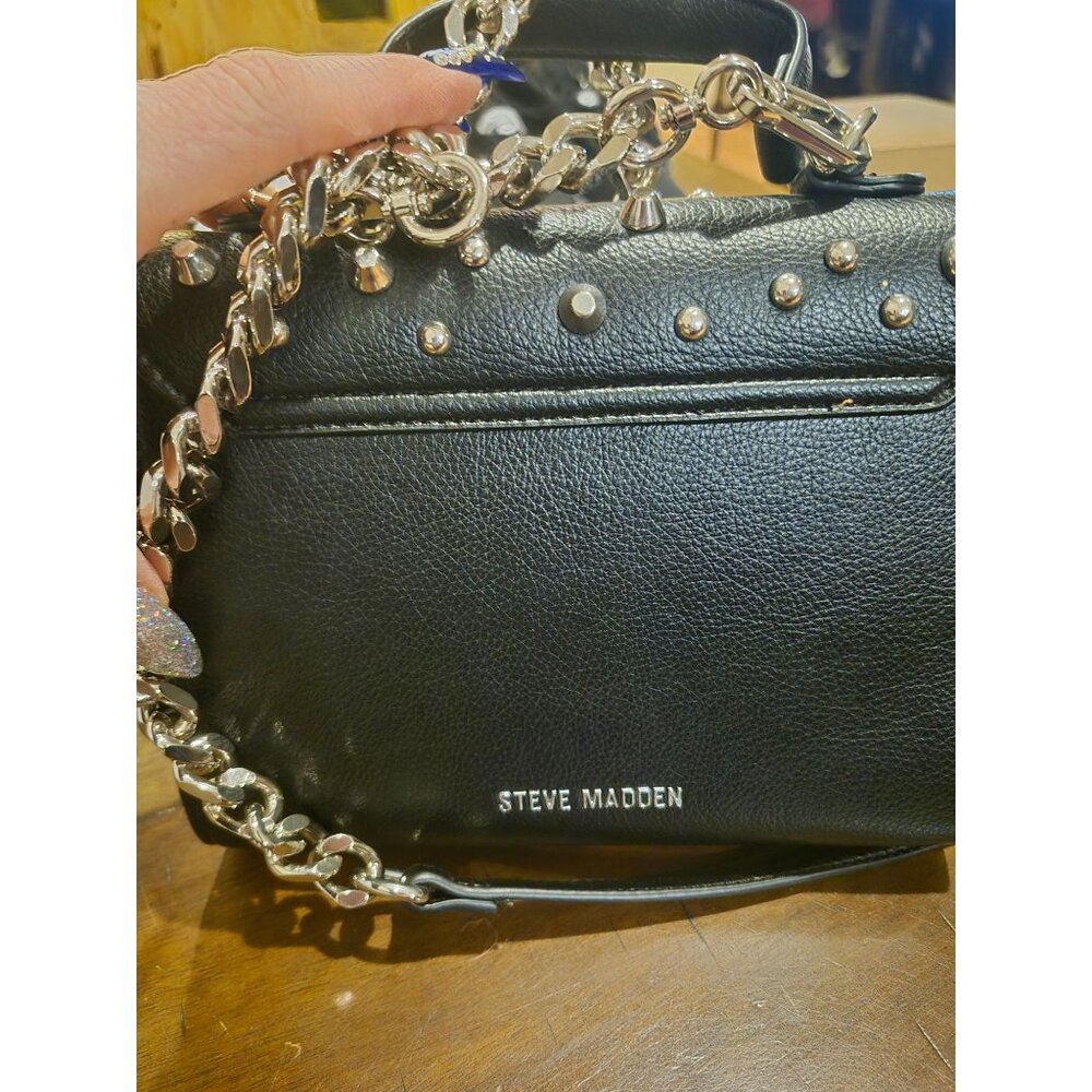 Steve Madden Black Studded Shoulder Bag With Chain Strap & Logo - Picture 5 of 5